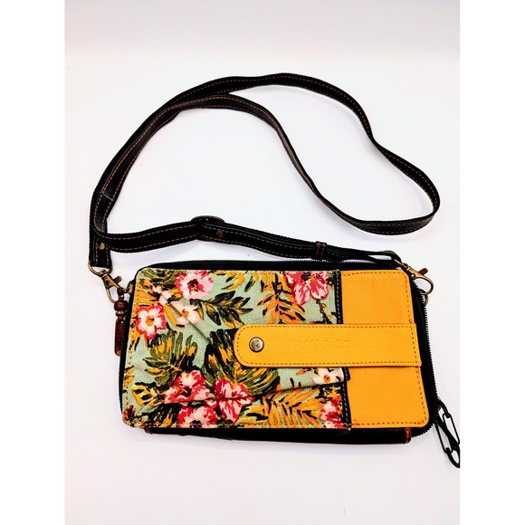 Vaan & Co Upcycled Leather Tropical Floral Crossbody Wallet Bag Yellow Black - Picture 4 of 15